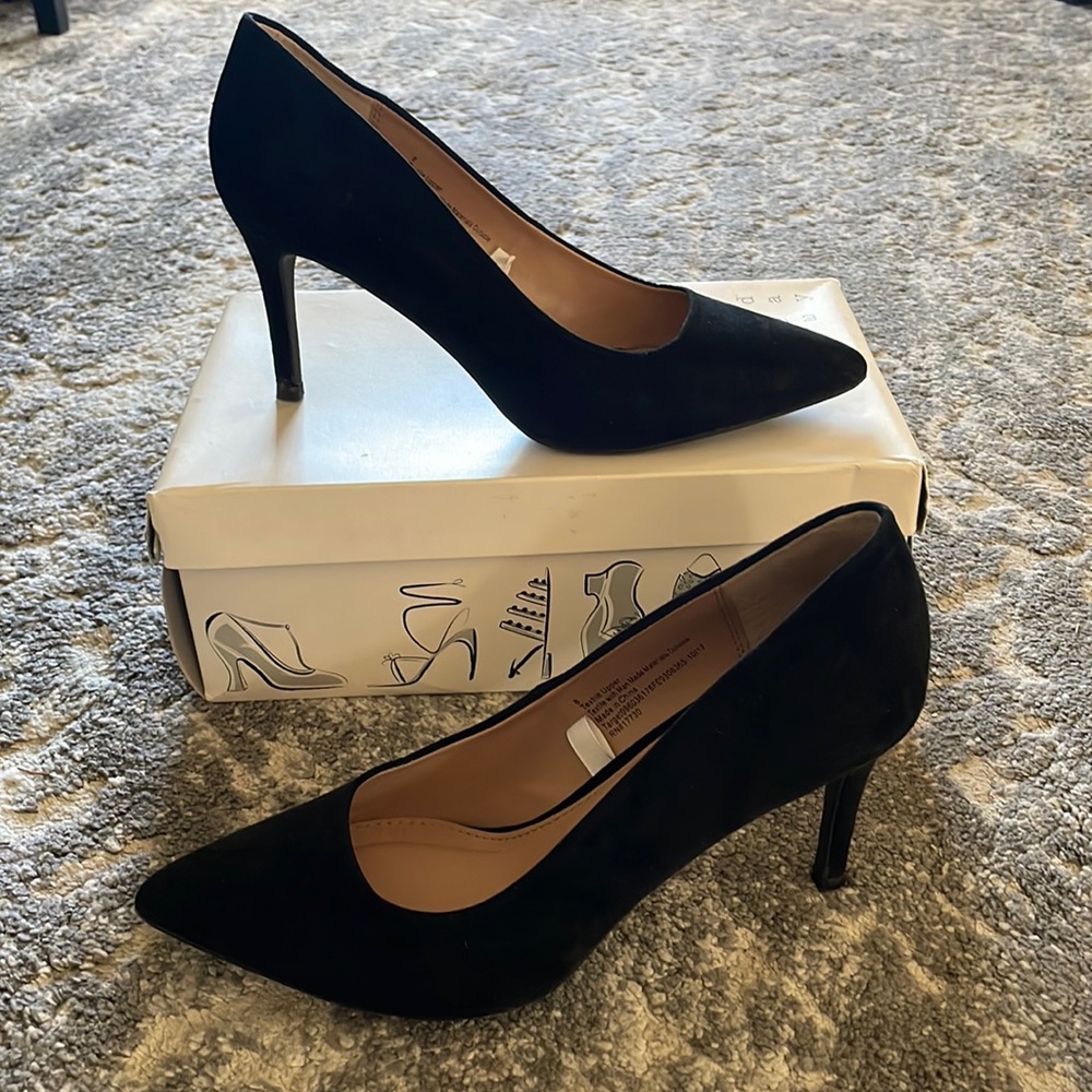 Black faux suede heels